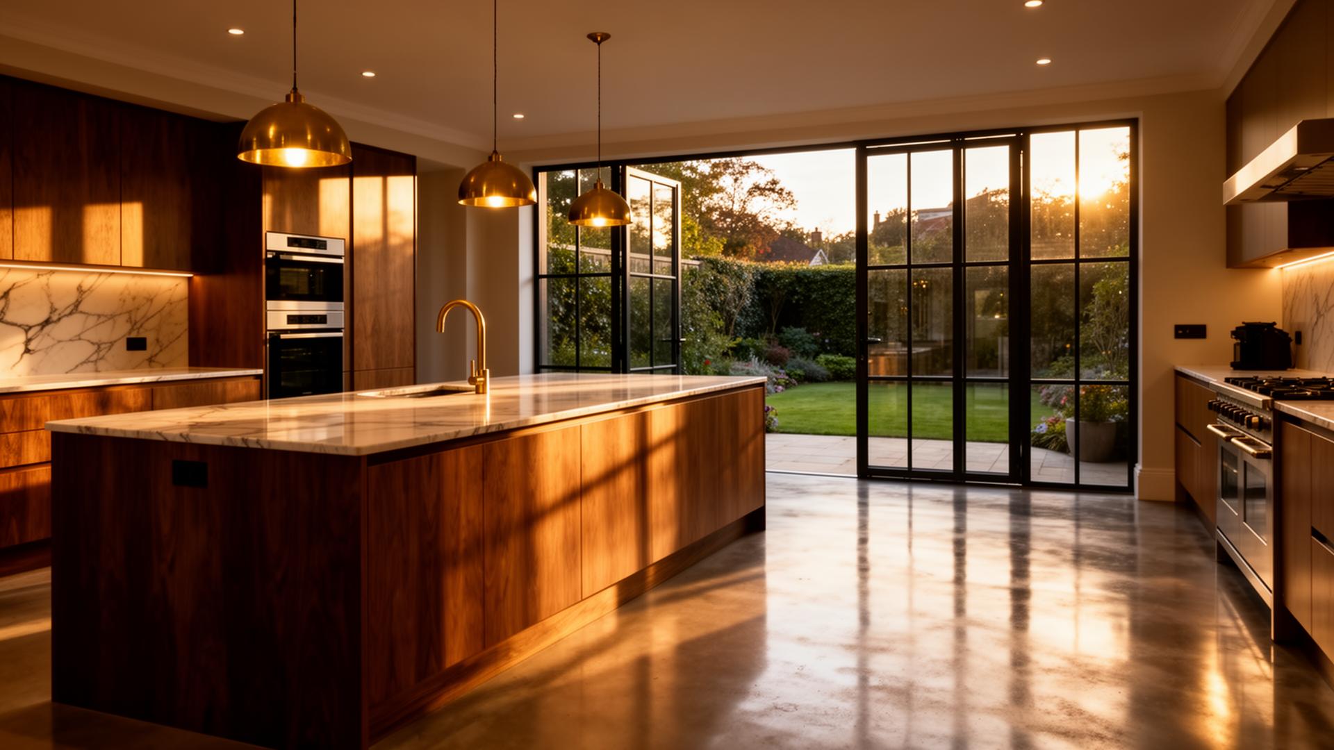 Luxury renovated open-plan kitchen by SIB Construction — walnut, marble & Crittall glass